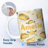 Personalized Custom Name Cute Kawaii Tacos and Wraps Cream Background Seamless Pattern Name 11oz Ceramic Coffee Tea Mug White Large Handle