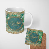 Personalized Custom Name Teal Gold Fleur Moon Glitter Elegant Seamless Pattern Lovely 11oz Ceramic Coffee Tea Mug White Large Handle