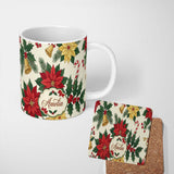 Personalized Custom Name Vintage Holly Leaves Bells Poinsettia and Festive Botanical Seamless 11oz Ceramic Coffee Tea Mug White Large Handle