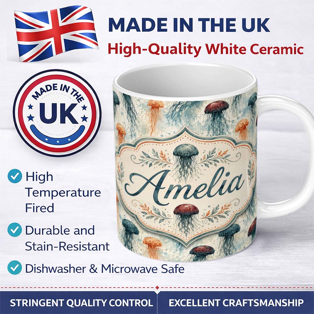 Personalized Custom Name Muted Jellyfish Marine Pattern in Soft Neutral Tones Seamless Ocean 11oz Ceramic Coffee Tea Mug White Large Handle
