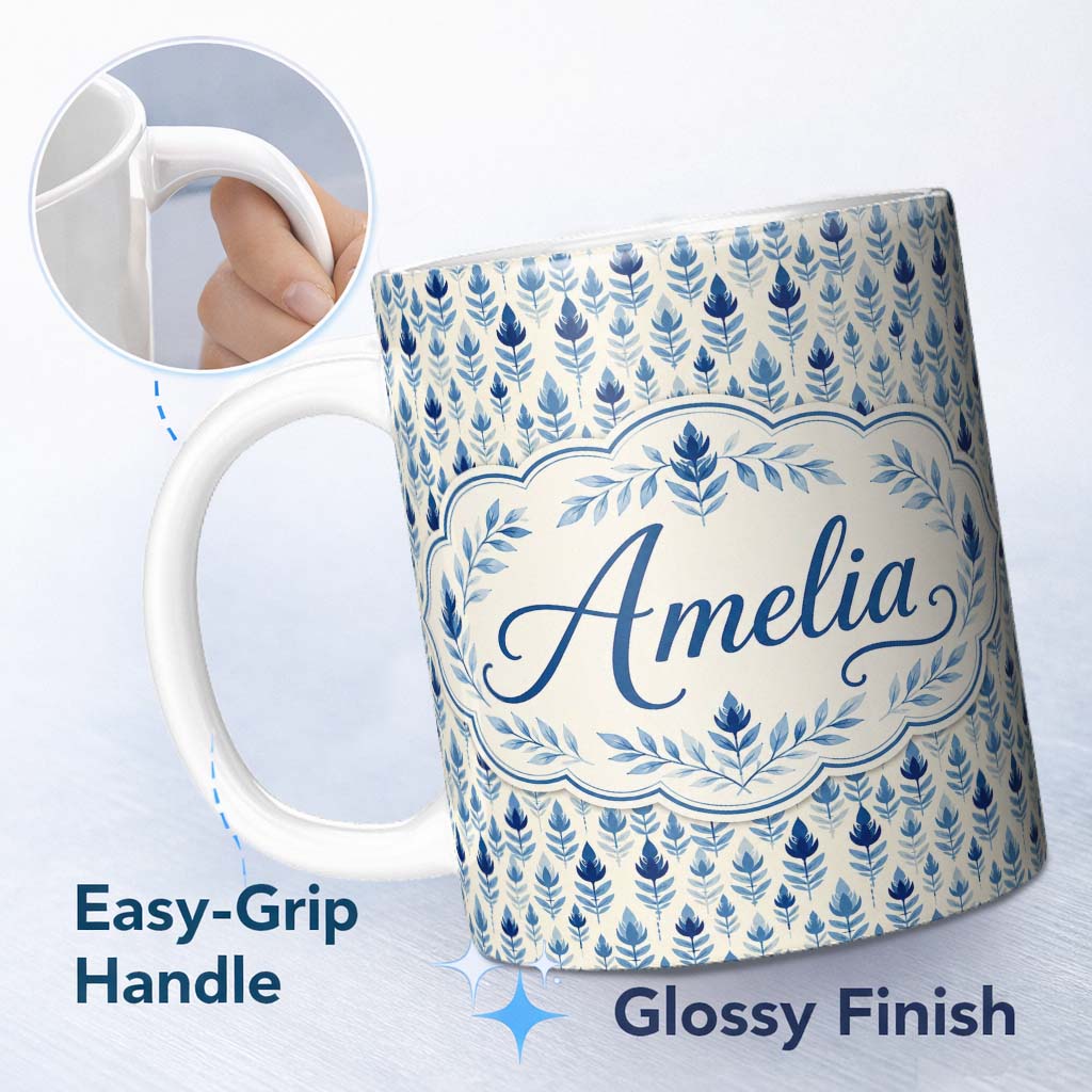 Personalized Custom Name Blue Leaf Geometric Floral Minimal Seamless Pattern Cute Unique Gift 11oz Ceramic Coffee Tea Mug White Large Handle