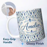 Personalized Custom Name Blue Leaf Geometric Floral Minimal Seamless Pattern Cute Unique Gift 11oz Ceramic Coffee Tea Mug White Large Handle