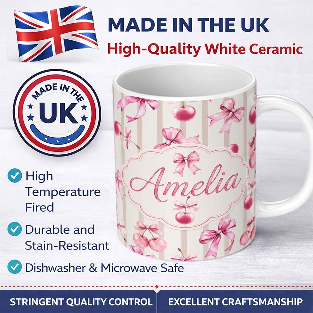 Personalized Custom Name Watercolor Pink Cherry Ribbon Bow Seamless Pattern Soft Pink Stripe 11oz Ceramic Coffee Tea Mug White Large Handle