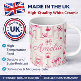 Personalized Custom Name Watercolor Pink Cherry Ribbon Bow Seamless Pattern Soft Pink Stripe 11oz Ceramic Coffee Tea Mug White Large Handle