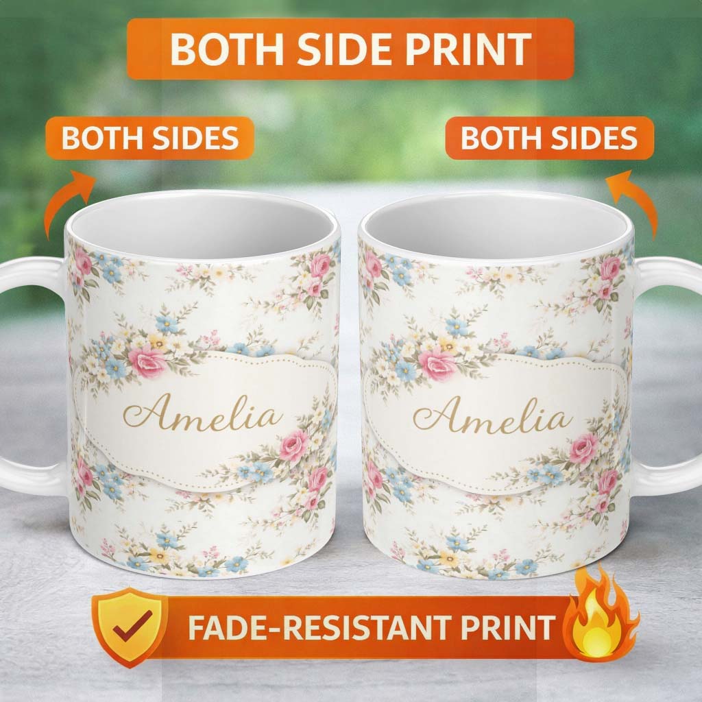 Personalized Custom Name Vintage Pastel Floral Seamless Pattern Stylish Everyday Mug Lovely 11oz Ceramic Coffee Tea Mug White Large Handle