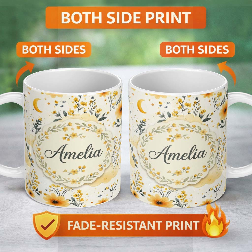 Personalized Custom Name Soft Yellow Clouds Moon and Floral Dream Pattern Seamless Design 11oz Ceramic Coffee Tea Mug White Large Handle