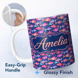 Personalized Custom Name Whimsical Coral and Mint Fish with Seaweed Pattern on Deep Navy 11oz Ceramic Coffee Tea Mug White Large Handle