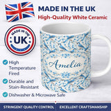 Personalized Custom Name Blue Jay Bird Delicate Floral Seamless Soft Blue Botanical Nature 11oz Ceramic Coffee Tea Mug White Large Handle