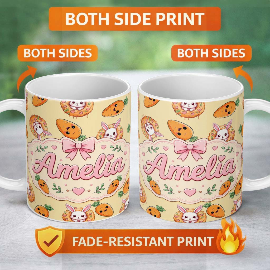 Personalized Custom Name Cute Easter Bunny Carrot Donut Hearts Seamless Pattern Soft Yellow 11oz Ceramic Coffee Tea Mug White Large Handle