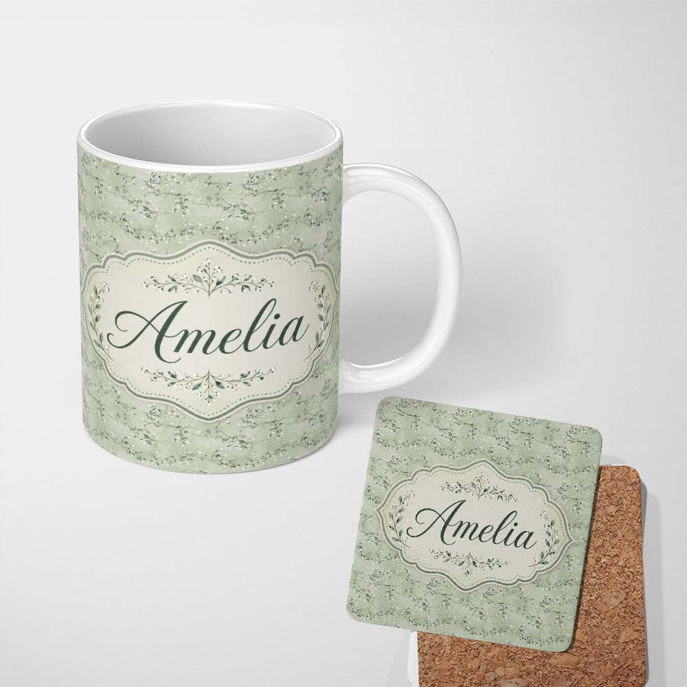Personalized Custom Name Delicate Green Botanical Branches with White Berries Seamless Lovely 11oz Ceramic Coffee Tea Mug White Large Handle