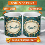 Personalized Custom Name Artistic Blue and Gold Heart Swirl Textured Seamless Pattern Lovely 11oz Ceramic Coffee Tea Mug White Large Handle