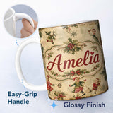 Personalized Custom Name Vintage Christmas Children Tree Holiday Festive Seamless Pattern 11oz Ceramic Coffee Tea Mug White Large Handle