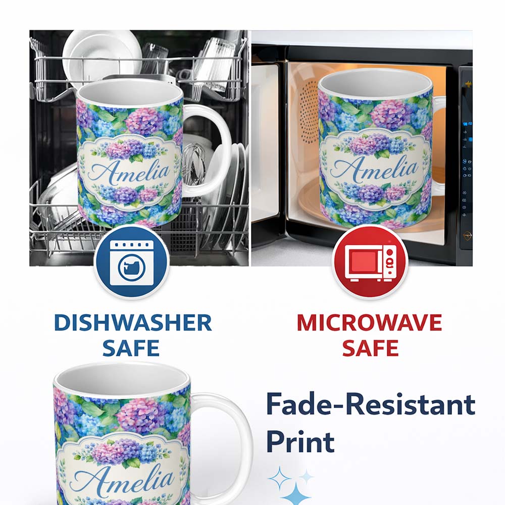 Personalized Custom Name Vibrant Blue Pink Hydrangea Garden Floral Seamless Pattern Lovely 11oz Ceramic Coffee Tea Mug White Large Handle