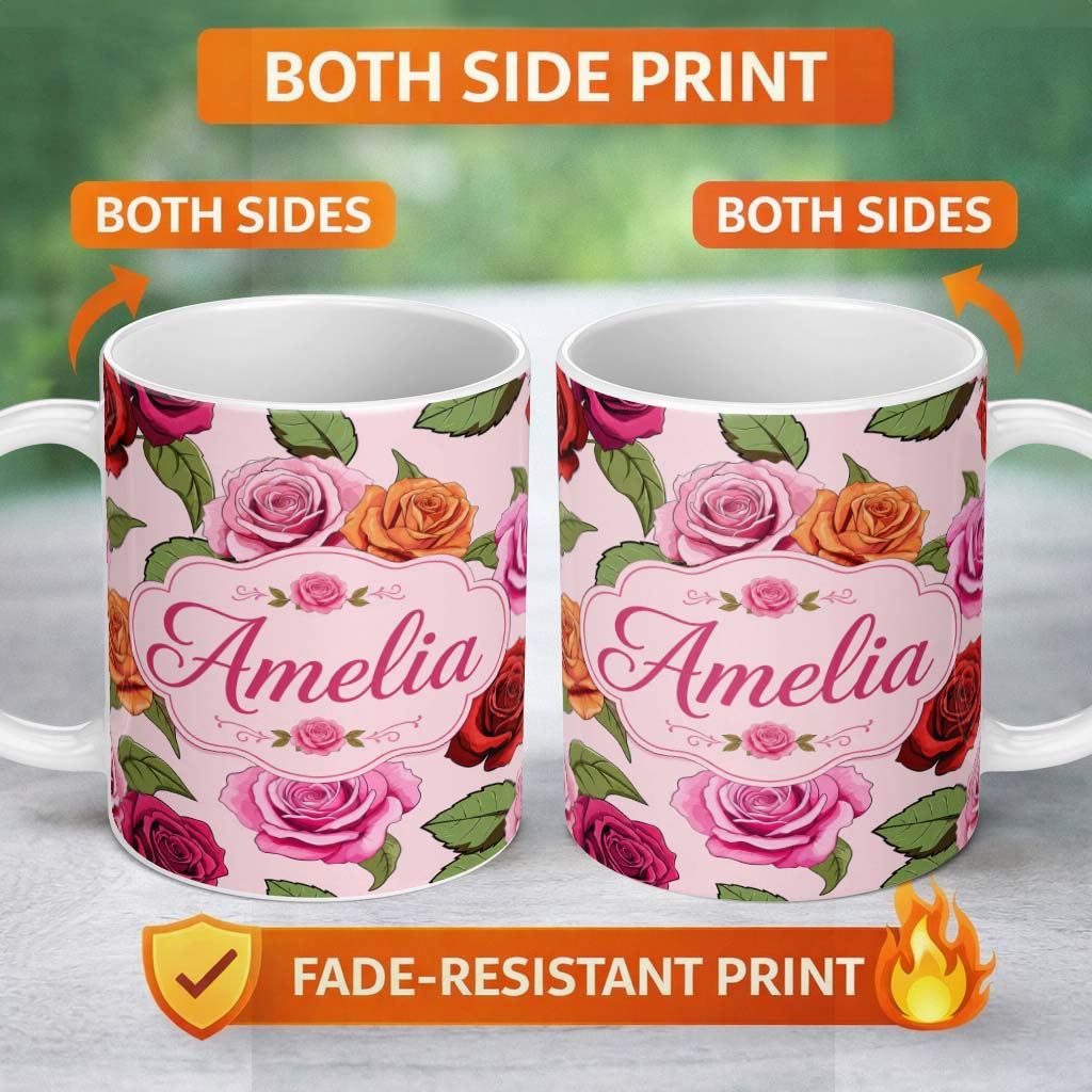 Personalized Custom Name Colorful Roses on Blush Pink Background Seamless Floral Pattern 11oz Ceramic Coffee Tea Mug White Large Handle