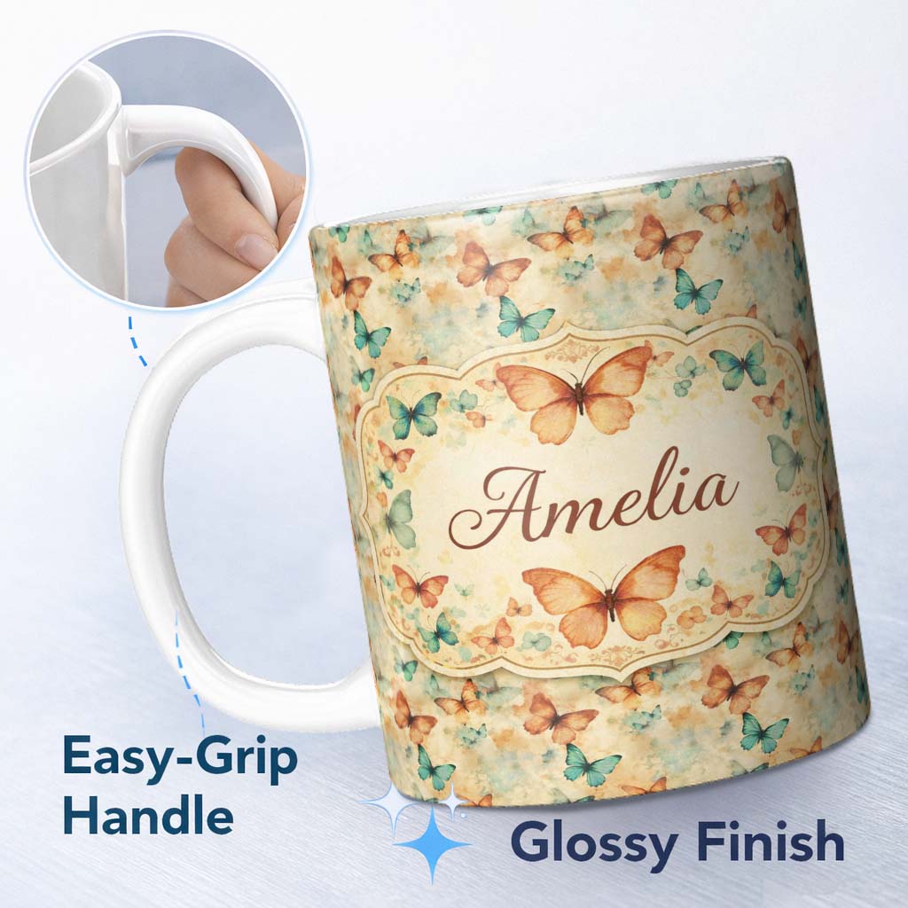 Personalized Custom Name Warm Toned Butterflies with Artistic Vintage Wash Seamless Pattern 11oz Ceramic Coffee Tea Mug White Large Handle