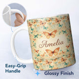 Personalized Custom Name Warm Toned Butterflies with Artistic Vintage Wash Seamless Pattern 11oz Ceramic Coffee Tea Mug White Large Handle