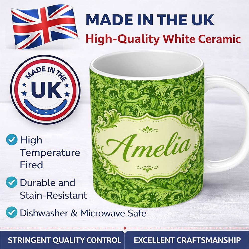 Personalized Custom Name Deep Green Baroque Ornamental Scroll Seamless Pattern Lovely 11oz Ceramic Coffee Tea Mug White Large Handle