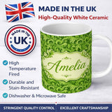 Personalized Custom Name Deep Green Baroque Ornamental Scroll Seamless Pattern Lovely 11oz Ceramic Coffee Tea Mug White Large Handle