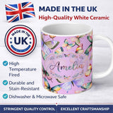 Personalized Custom Name Pastel Watercolor Butterflies Lavender Background Seamless Pattern 11oz Ceramic Coffee Tea Mug White Large Handle