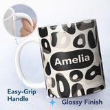 Personalized Custom Name Soft Rounded Shapes Black Grey Minimal Abstract Pattern Lovely 11oz Ceramic Coffee Tea Mug White Large Handle
