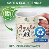 Personalized Custom Name Cute Panda Bear with Bamboo Leaves Floral Seamless Pattern Cream 11oz Ceramic Coffee Tea Mug White Large Handle