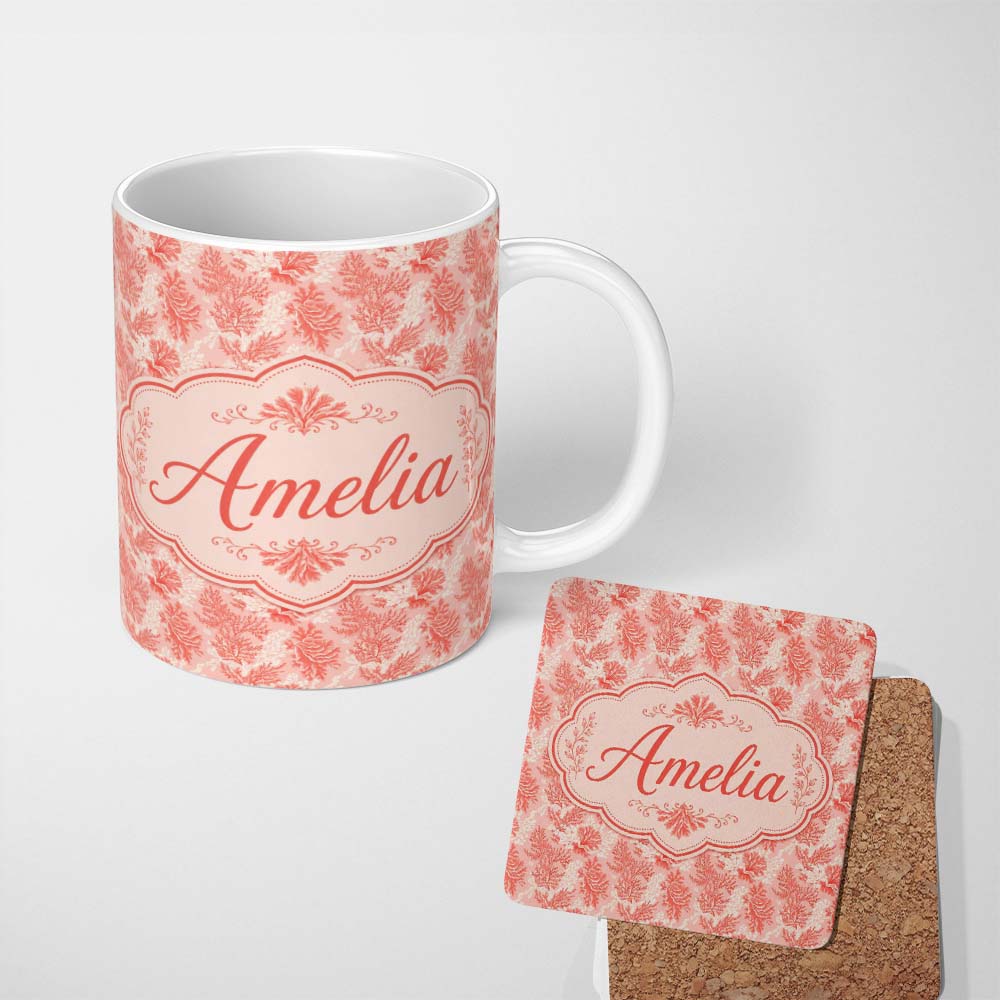 Personalized Custom Name Coral Reef Inspired Floral in Soft Pink and Red Tones Textile Design 11oz Ceramic Coffee Tea Mug White Large Handle