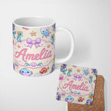 Personalized Custom Name Cute Kawaii Mermaid Seahorse Jellyfish and Starfish Ocean Seamless 11oz Ceramic Coffee Tea Mug White Large Handle