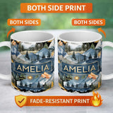 Personalized Custom Name Watercolour Mountain Landscape with Pine Trees and Sun Artistic 11oz Ceramic Coffee Tea Mug White Large Handle