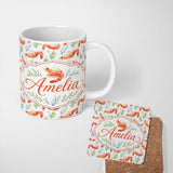 Personalized Custom Name Watercolour Prawn and Seaweed Coastal Seamless Pattern Lovely 11oz Ceramic Coffee Tea Mug White Large Handle