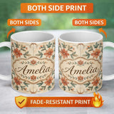 Personalized Custom Name Vintage Tile Style Floral Motif Soft Neutral Seamless Pattern Lovely 11oz Ceramic Coffee Tea Mug White Large Handle
