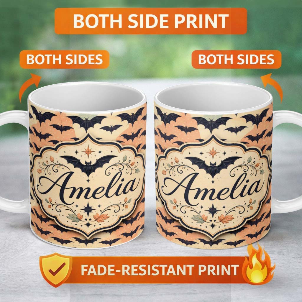 Personalized Custom Name Bats with Pastel Cloud Layers Unique Halloween Seamless Pattern 11oz Ceramic Coffee Tea Mug White Large Handle