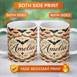 Personalized Custom Name Bats with Pastel Cloud Layers Unique Halloween Seamless Pattern 11oz Ceramic Coffee Tea Mug White Large Handle