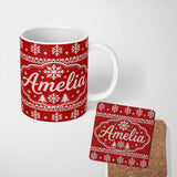 Personalized Custom Name Knitted Red Christmas Snowflake Tree Seamless Pattern Lovely 11oz Ceramic Coffee Tea Mug White Large Handle