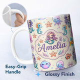 Personalized Custom Name Cute Cartoon Mermaid with Sea Creatures on Light Background Kids 11oz Ceramic Coffee Tea Mug White Large Handle
