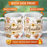 Personalized Custom Name Cute Autumn Scarecrow Barn Flowers Seamless Pattern Grey Background 11oz Ceramic Coffee Tea Mug White Large Handle