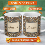 Personalized Custom Name Wood Tile Square Natural Texture Seamless Pattern Cute Unique Gift 11oz Ceramic Coffee Tea Mug White Large Handle