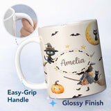 Personalized Custom Name Cute Witch Girl and Black Cat with Stars and Moon Beige Background 11oz Ceramic Coffee Tea Mug White Large Handle