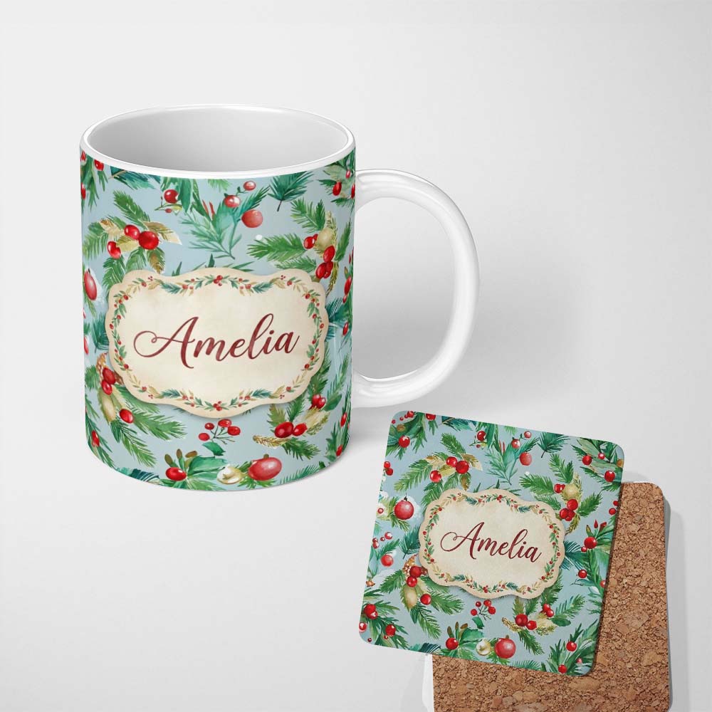 Personalized Custom Name Watercolor Christmas Wreath Holly Berry Pine Branch Seamless Pattern 11oz Ceramic Coffee Tea Mug White Large Handle