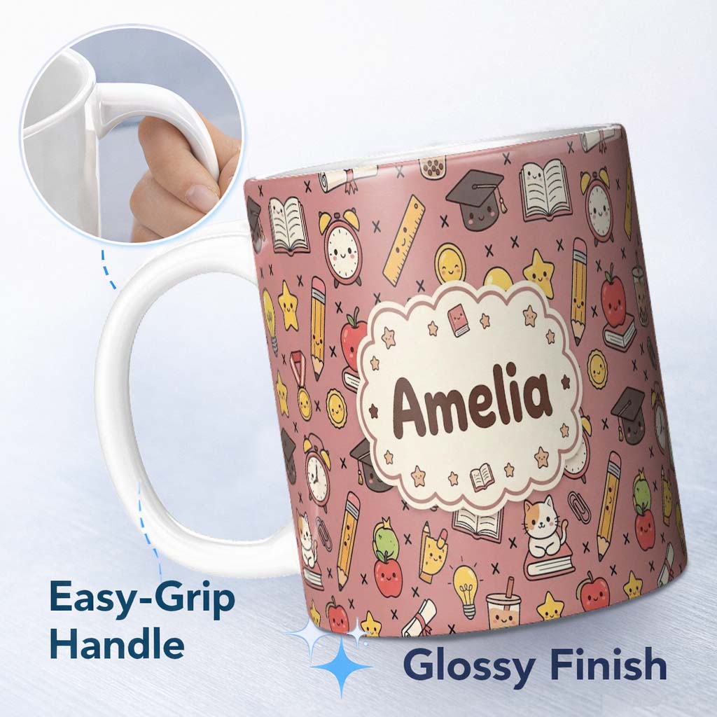 Personalized Custom Name Cute Kawaii School Supplies And Study Seamless Pattern Peach Lovely 11oz Ceramic Coffee Tea Mug White Large Handle
