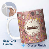 Personalized Custom Name Cute Kawaii School Supplies And Study Seamless Pattern Peach Lovely 11oz Ceramic Coffee Tea Mug White Large Handle