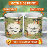 Personalized Custom Name Cute Halloween Bats Sitting on Pumpkins with Stars Olive Background 11oz Ceramic Coffee Tea Mug White Large Handle