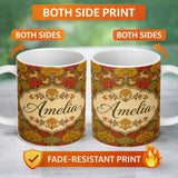 Personalized Custom Name Autumn Forest Deer with Golden Trees Woodland Seamless Pattern 11oz Ceramic Coffee Tea Mug White Large Handle