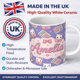 Personalized Custom Name Cute Kawaii Maths Cat Calculator Ruler Seamless Pattern Purple 11oz Ceramic Coffee Tea Mug White Large Handle
