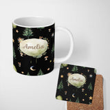 Personalized Custom Name Watercolour Forest Trees Mushrooms Sun Moon and Stars Woodland 11oz Ceramic Coffee Tea Mug White Large Handle