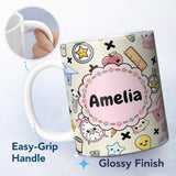 Personalized Custom Name Cute Kawaii School Cat Books Apple Clock Supplies Pattern Cream 11oz Ceramic Coffee Tea Mug White Large Handle