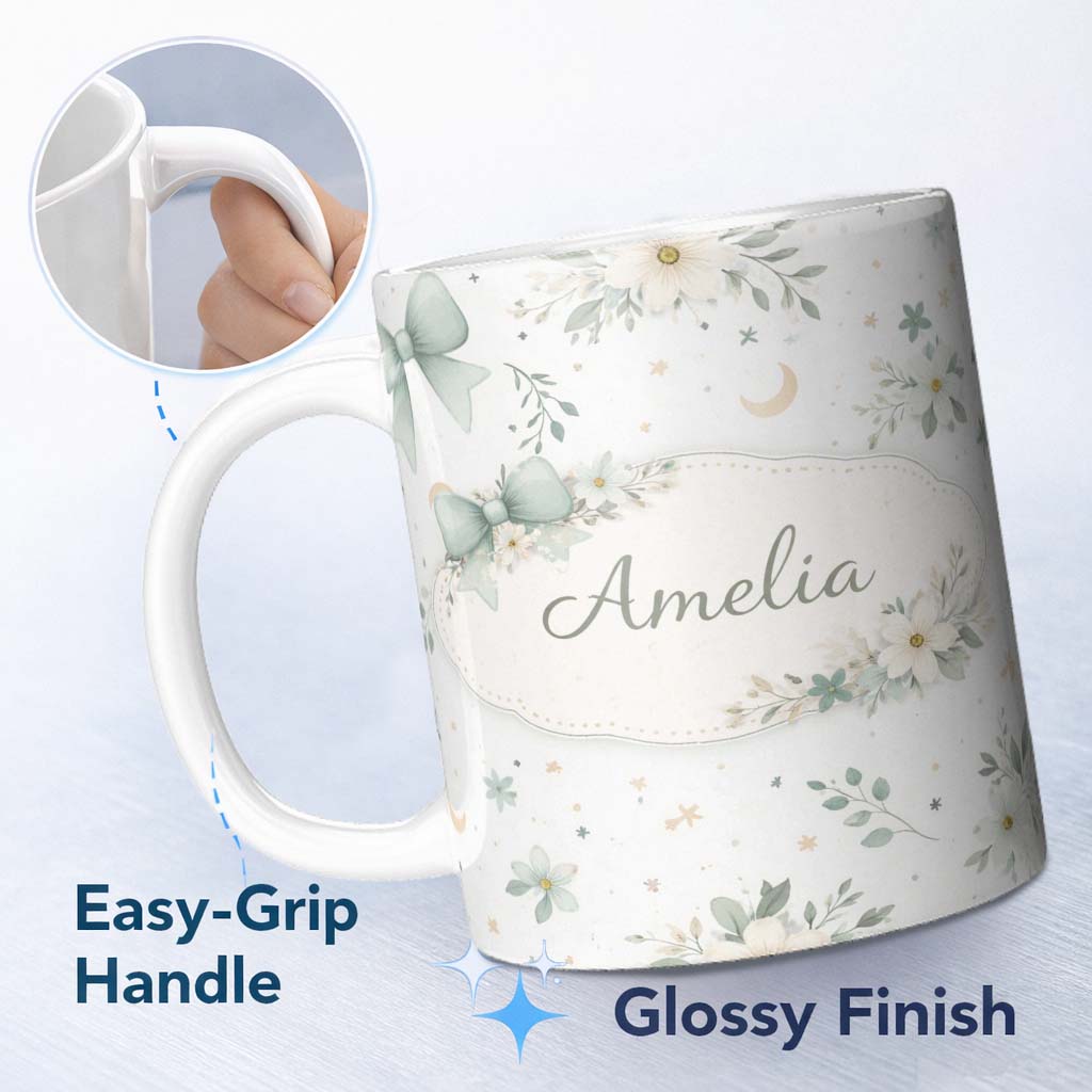 Personalized Custom Name Teal Bow Floral Seamless Pattern Perfect Gift for Her Lovely 11oz Ceramic Coffee Tea Mug White Large Handle