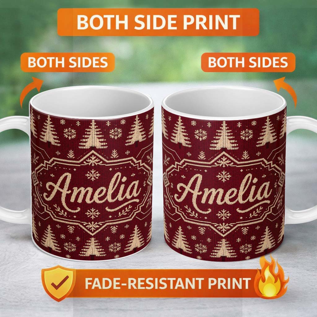 Personalized Custom Name Cute Red Knit Texture Abstract Festive Seamless Pattern Lovely 11oz Ceramic Coffee Tea Mug White Large Handle
