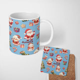 Personalized Custom Name Cute Santa Claus Mrs Claus Snowman Christmas Gift Pattern Blue 11oz Ceramic Coffee Tea Mug White Large Handle