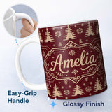 Personalized Custom Name Cute Red Knit Texture Abstract Festive Seamless Pattern Lovely 11oz Ceramic Coffee Tea Mug White Large Handle