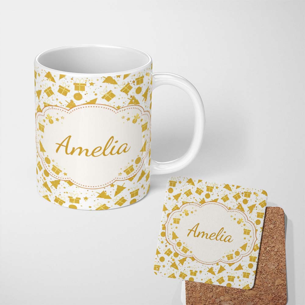 Personalized Custom Name Gold Christmas Icons Pattern White Background Seamless Lovely 11oz Ceramic Coffee Tea Mug White Large Handle